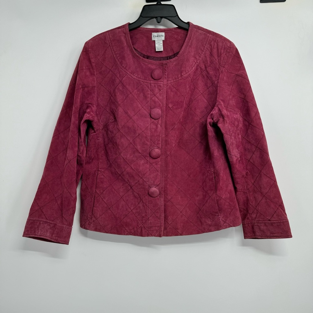 Chicos Womens Leather Jacket sz 2 sz L Suede Quilted Button Front Blazer